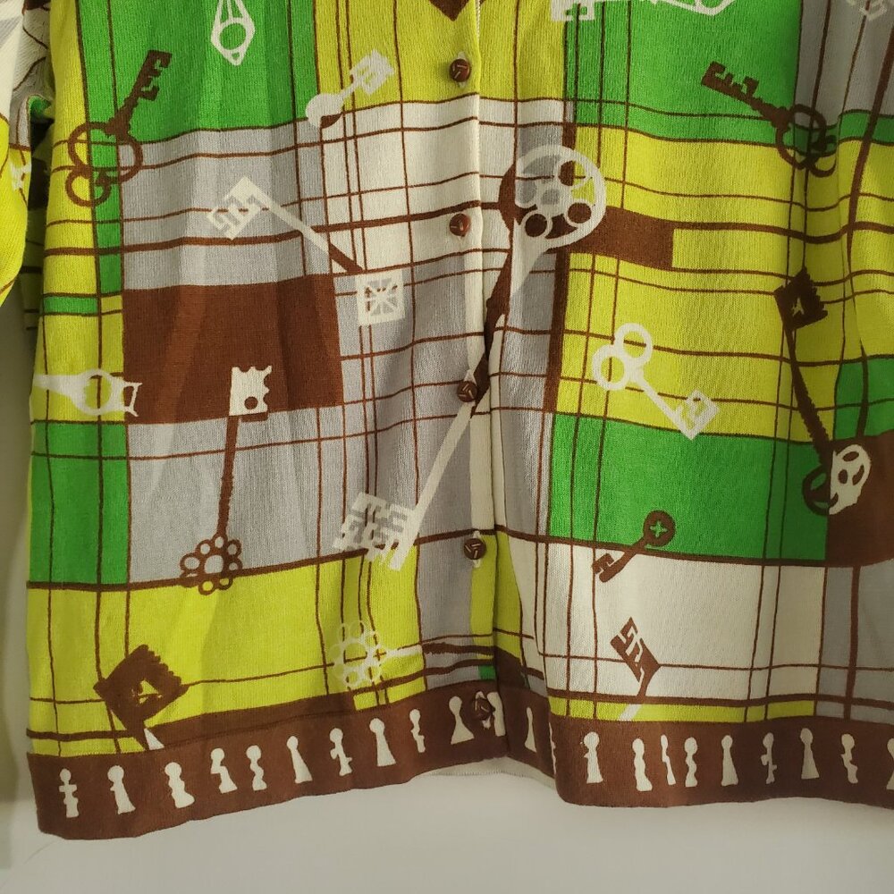 Cabi Printed Cardigan Sweater Medium Green Yellow Preppy Twee Novelty Vintage - Picture 3 of 9